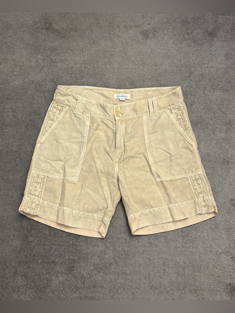 Sundance Shorts Linen Cotton Blend Crochet Lace Trim Sand Beige Khaki